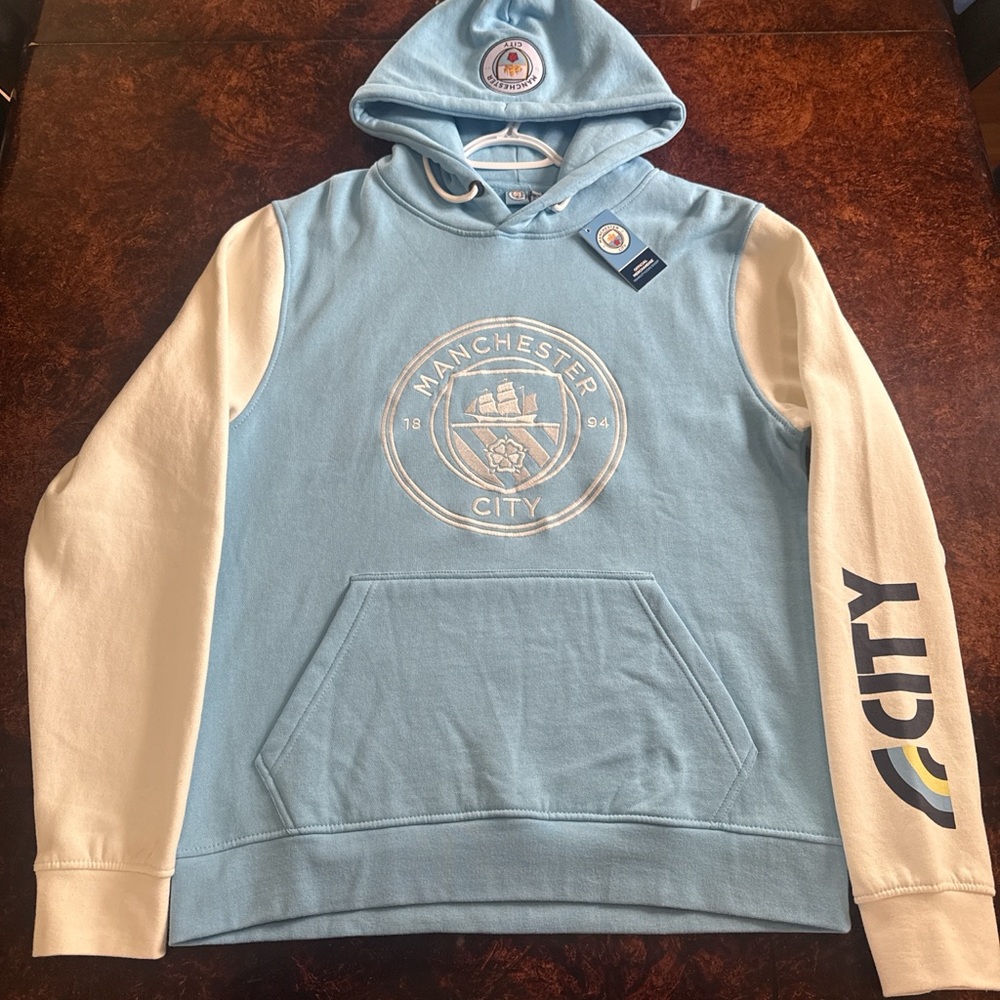 Manchester City Light Blue and White Hooded Pullover